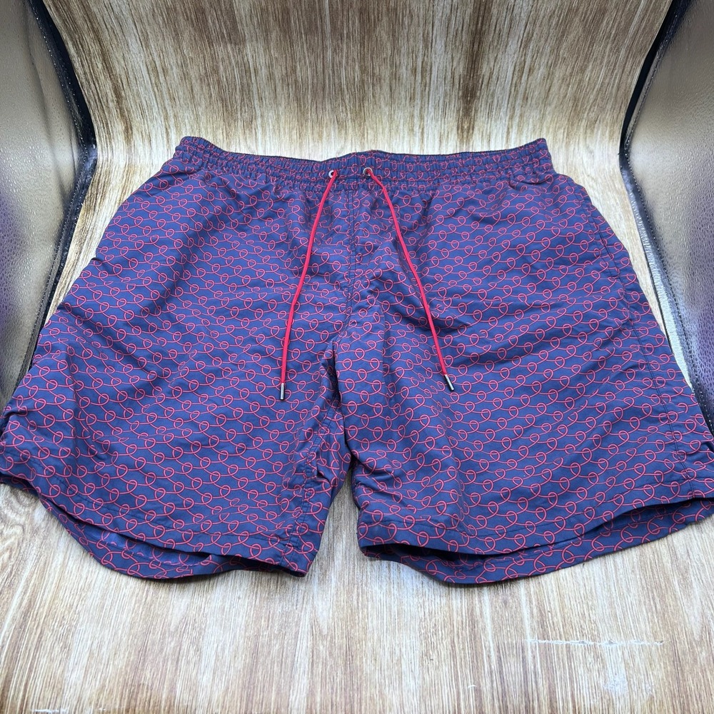 Berluti Swim Shorts Men's XL Navy Blue Red Chain Link Scritto Pattern Luxury
